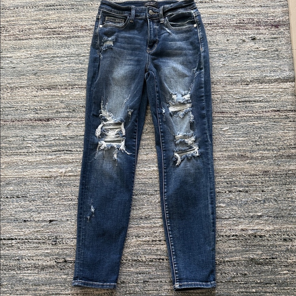 Judy Blue Medium-Dark Ripped Boyfriend Jeans
